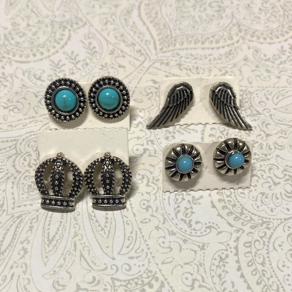 Western Turquoise Stud Earring Set 4 Pair Silver Boho NEW